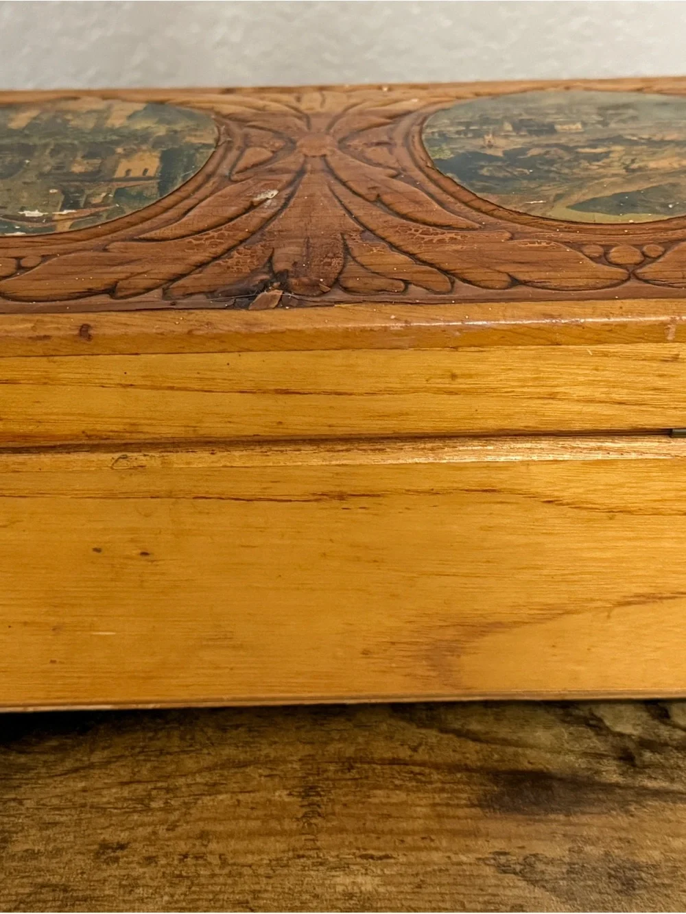 Wood Carved Jewelry Box with Scenic Inlays - Brown